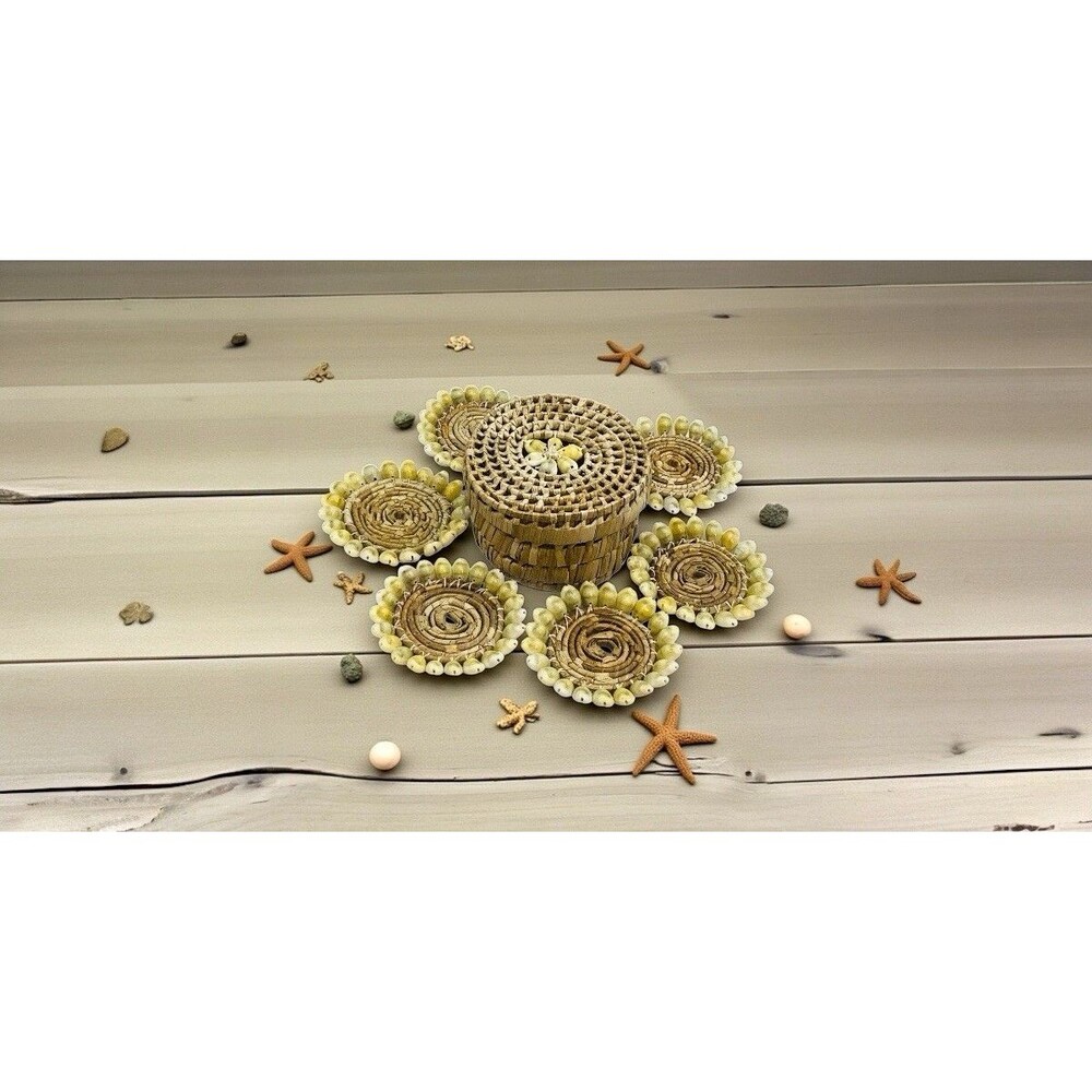 Vintage Woven Wicker Shell Basket & Costers Set Of 5 Decor 3.5in